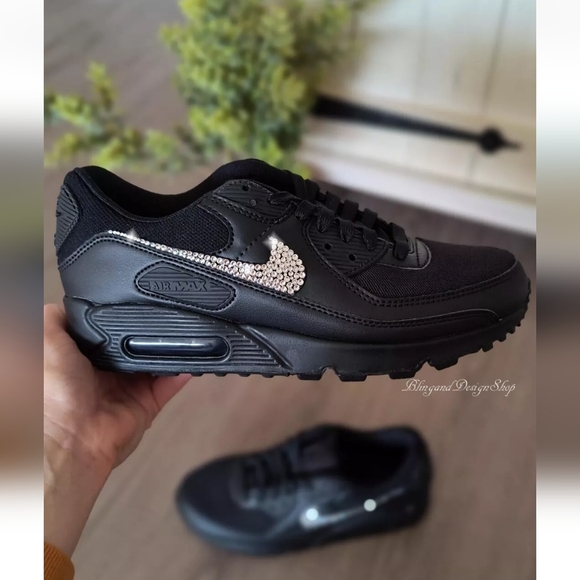 Bling Nike Air Max 90 Women's Leather Black Shoes Customized with Crystals - Picture 1 of 7